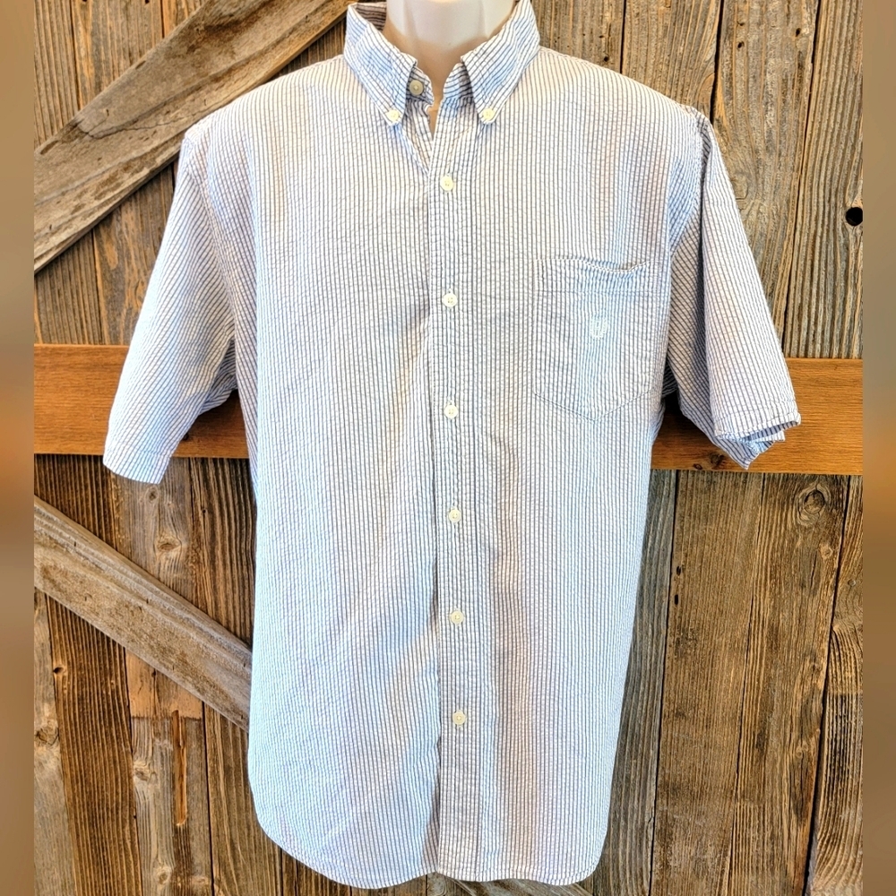 Chaps Ralph Lauren VTG Blue Seersucker Short Sleeve Button Shirt Mens XL